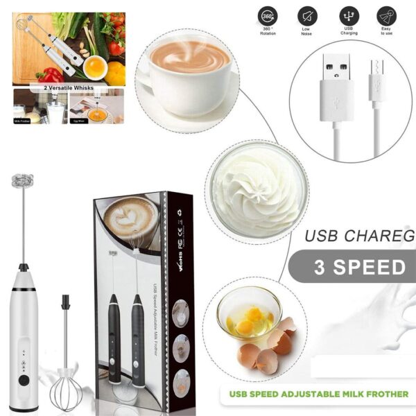 Coffee Better Milk Frother USB Rechargeable Handheld Foam Maker 3-Speed Adjustable for Latte Coffee Cappuccino Making with Egg Mixer and USB Charging Cable