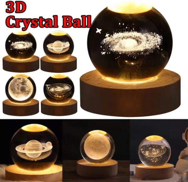 3D Galaxy Crystal Ball Night Light, LED Solar System Crystal Ball Night Light with Wooden Base,