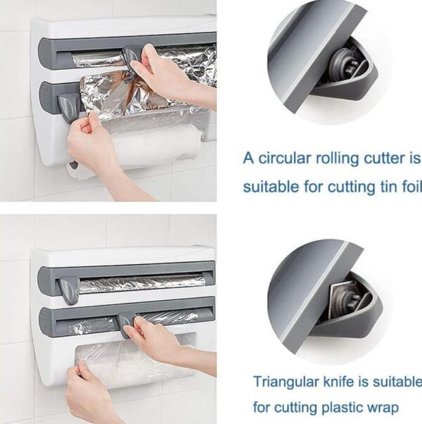 4 in 1 Paper Dispenser and Holder for Cling Film,Wrap Center Holds Aluminum Foil and Kitchen Roll,Plastic Wrap and Paper Towels Tissue Paper Roll - Image 3