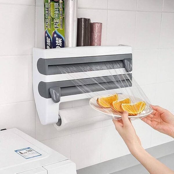 4 in 1 Paper Dispenser and Holder for Cling Film,Wrap Center Holds Aluminum Foil and Kitchen Roll,Plastic Wrap and Paper Towels Tissue Paper Roll