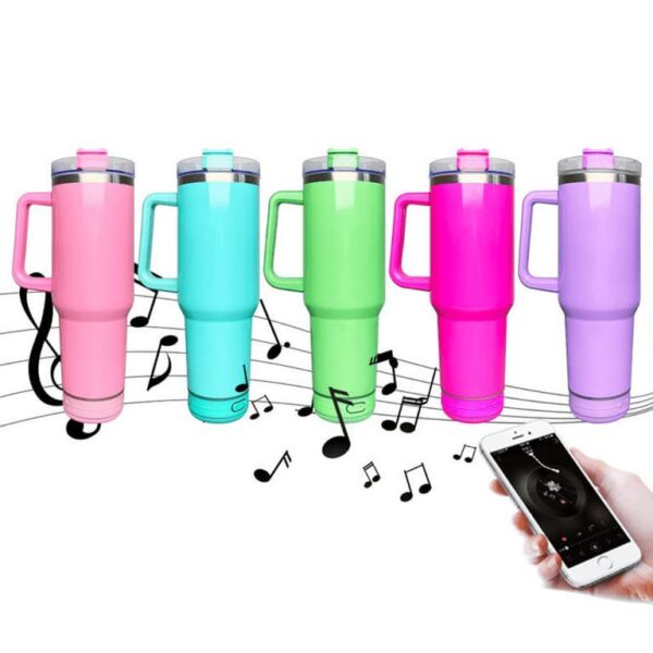 40 oz Tumbler with Handle & Straw and Detachable Bluetooth Speaker -Stainless Steel